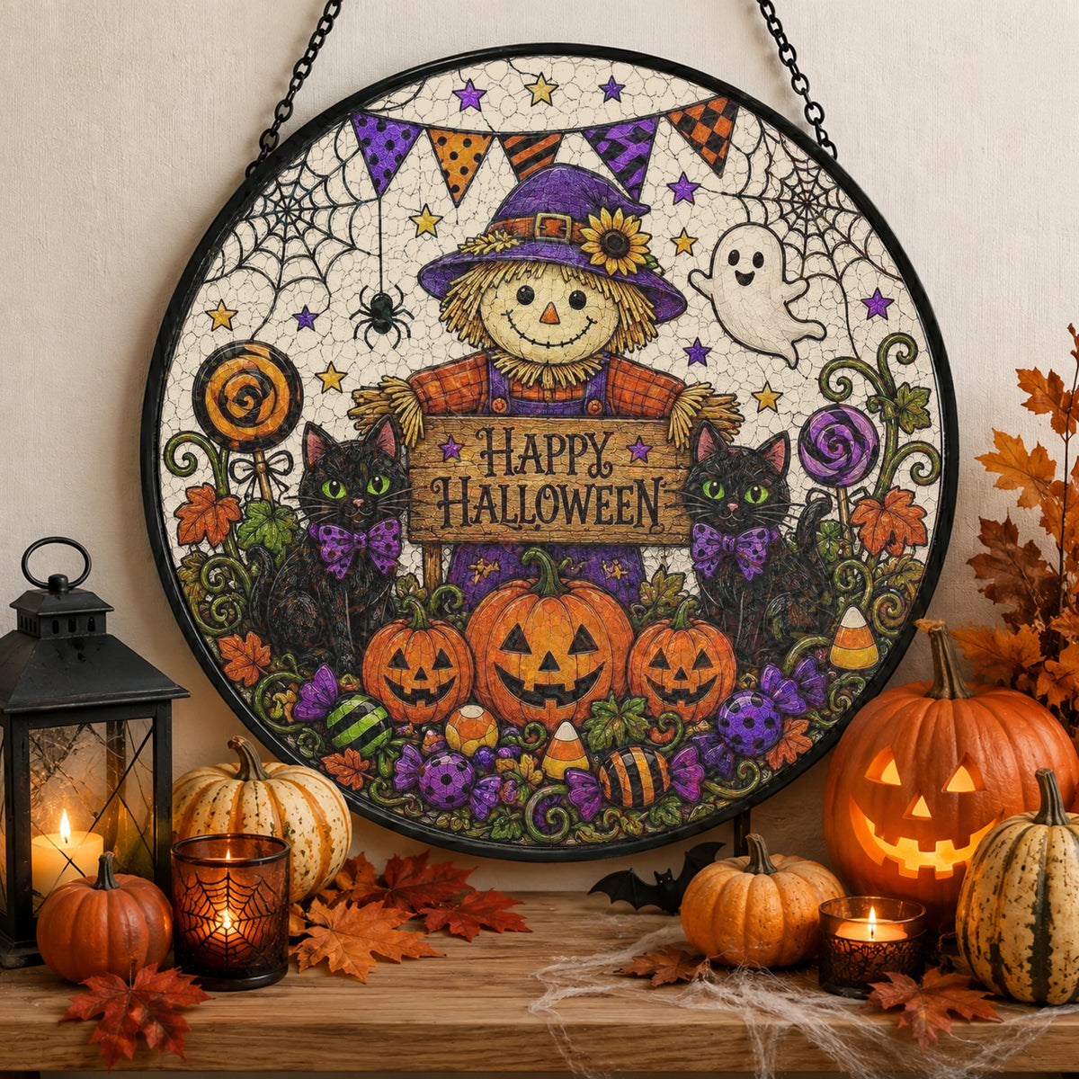 Customer in Austin, Texas wearing Happy Halloween Hanging Sign Stained Glass Scarecrow and Black Cats Suncatcher Wreath Door Decor