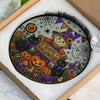 Customer in Austin, Texas wearing Happy Halloween Hanging Sign Stained Glass Scarecrow and Black Cats Suncatcher Wreath Door Decor