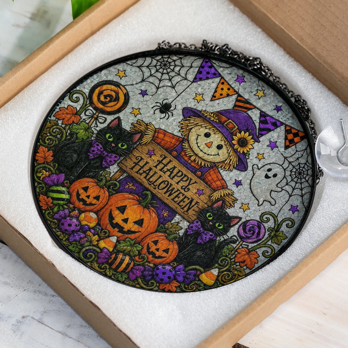 Customer in Austin, Texas wearing Happy Halloween Hanging Sign Stained Glass Scarecrow and Black Cats Suncatcher Wreath Door Decor