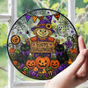 Close-up of Happy Halloween Hanging Sign Stained Glass Scarecrow and Black Cats Suncatcher Wreath Door Decor for streetwear fans in Austin, Texas