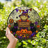 Customer in Austin, Texas wearing Happy Halloween Hanging Sign Stained Glass Scarecrow and Black Cats Suncatcher Wreath Door Decor