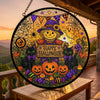 Close-up of Happy Halloween Hanging Sign Stained Glass Scarecrow and Black Cats Suncatcher Wreath Door Decor for streetwear fans in Austin, Texas