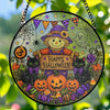 Customer in Austin, Texas wearing Happy Halloween Hanging Sign Stained Glass Scarecrow and Black Cats Suncatcher Wreath Door Decor