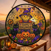 Happy Halloween Hanging Sign Stained Glass Scarecrow and Black Cats Suncatcher Wreath Door Decor available at our Austin, Texas warehouse