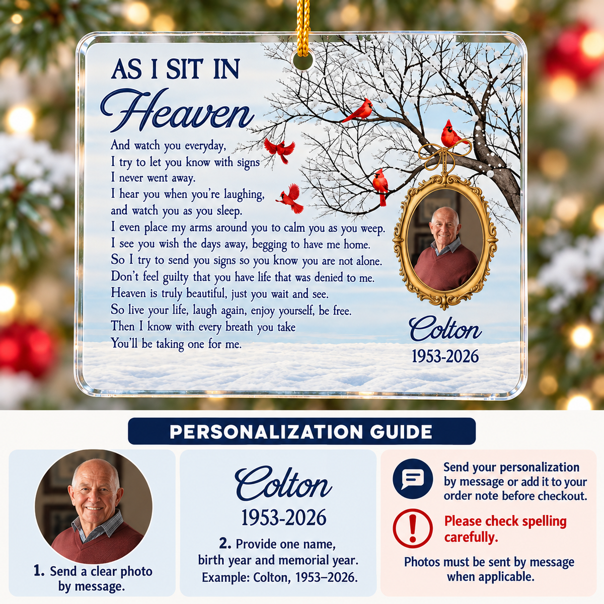 Personalized As I Sit in Heaven Photo Memorial Ornament Sympathy Gift - personalization options and ordering guide