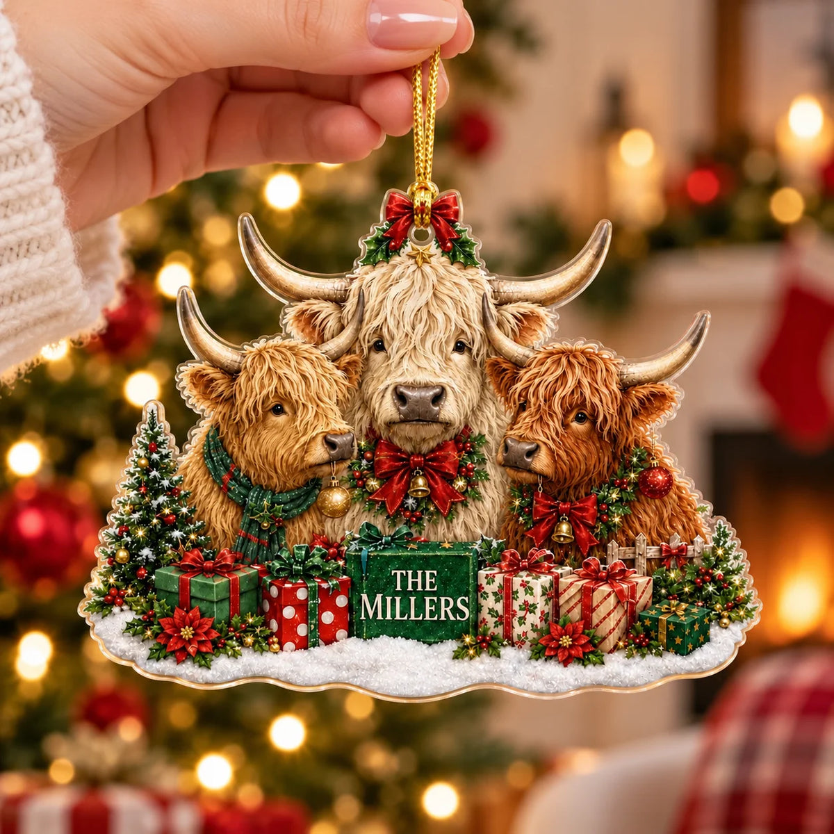 A hand holds the Highland Cow Family Christmas Ornament against a glowing holiday tree background.