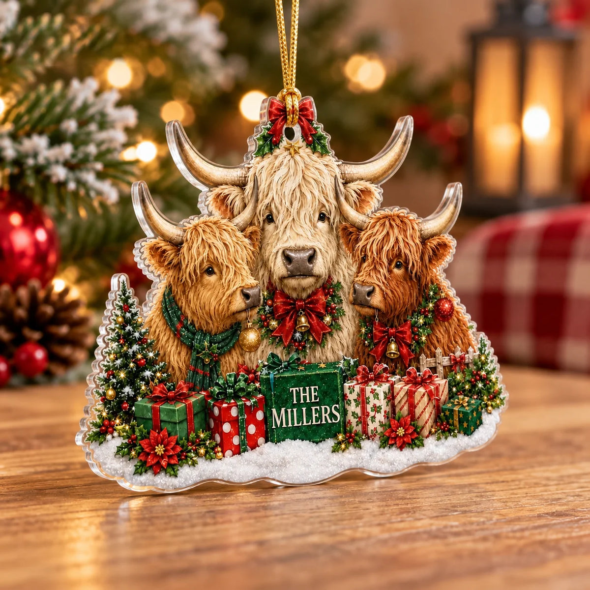 Close-up of the Highland Cow Family Christmas Ornament on a wooden surface with a snowy base and wrapped presents.