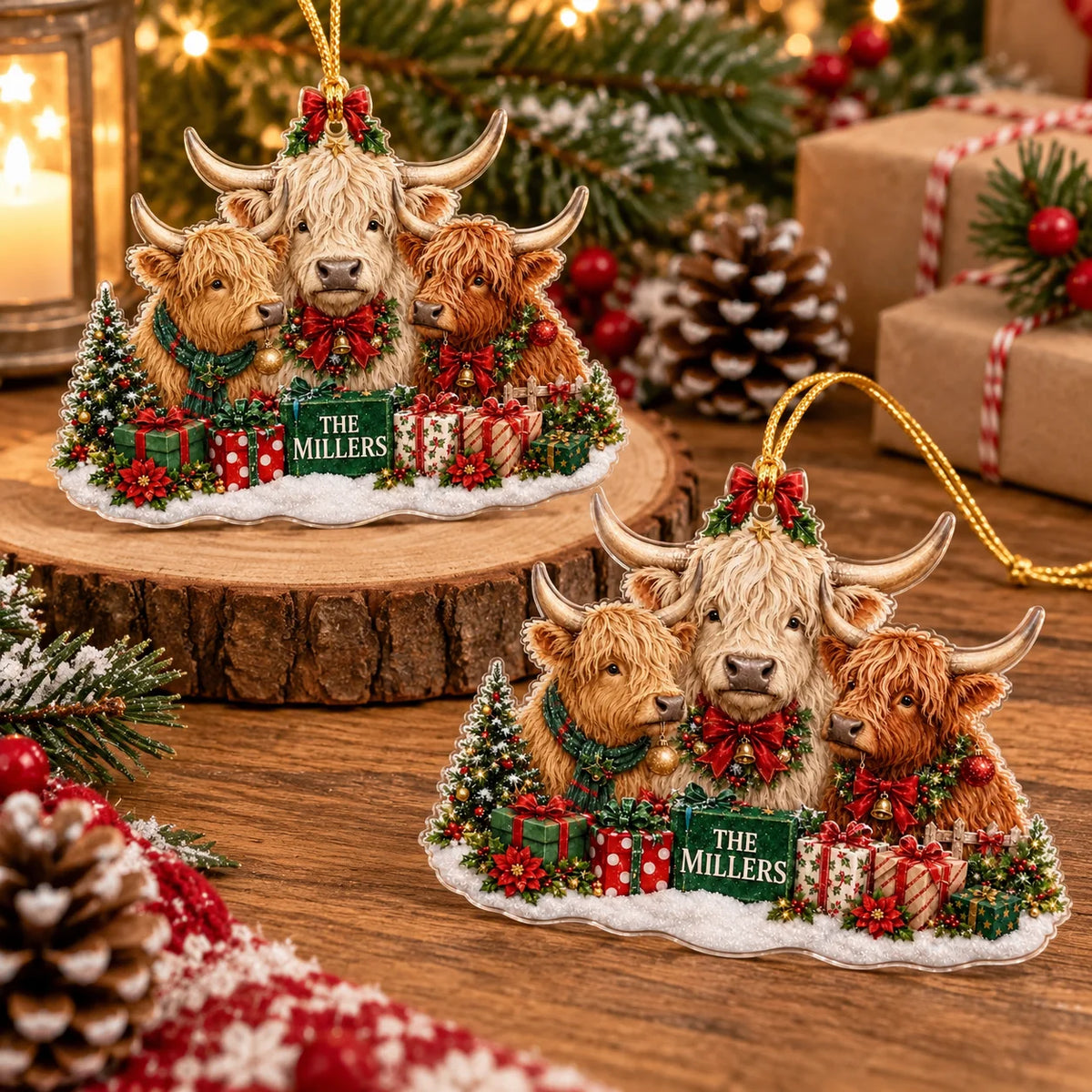 Two Highland Cow Family Christmas Ornaments displayed together on a wooden slice and table with pine decor.