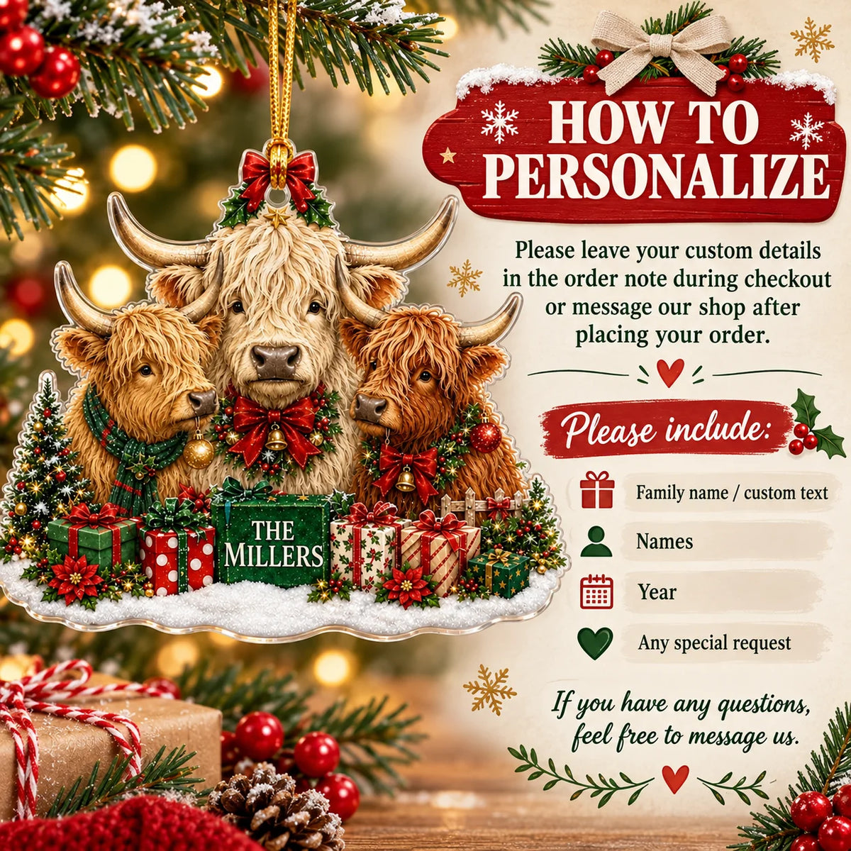 Ornament display graphic showing the Highland Cow Family Christmas Ornament next to personalization instructions.