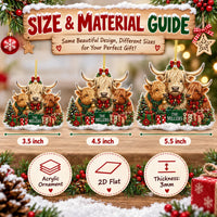 Size and material guide displaying three sizes of the Highland Cow Family Christmas Ornament: 3.5, 4.5, and 5.5 inch.