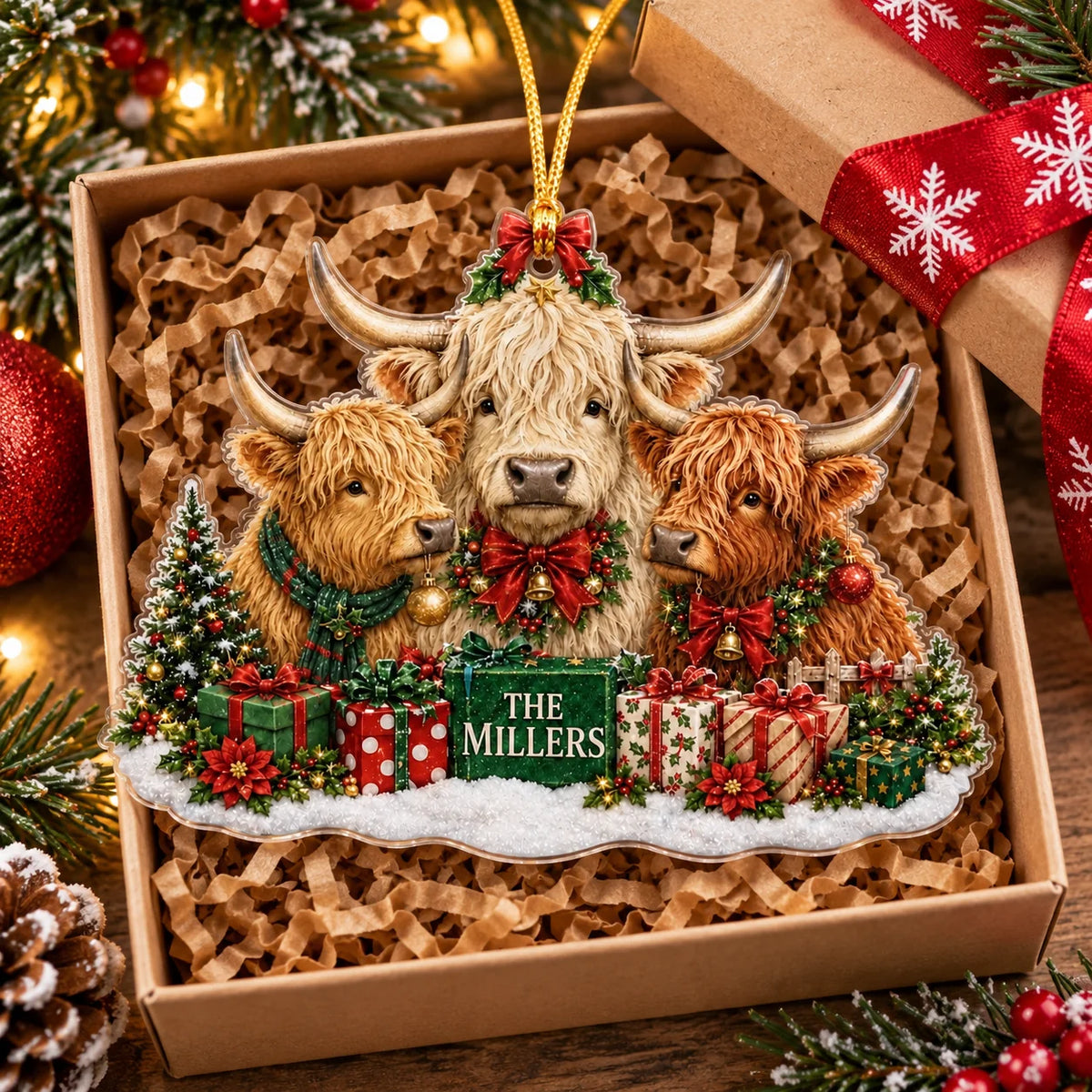 Highland Cow Family Christmas Ornament packed neatly inside a rustic gift box filled with brown crinkle paper.