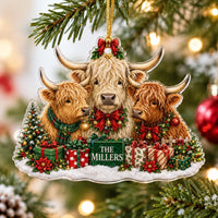 Highland Cow Family Christmas Ornament hanging on a pine tree with lights, featuring three cows, gifts, and 'THE MILLERS'.