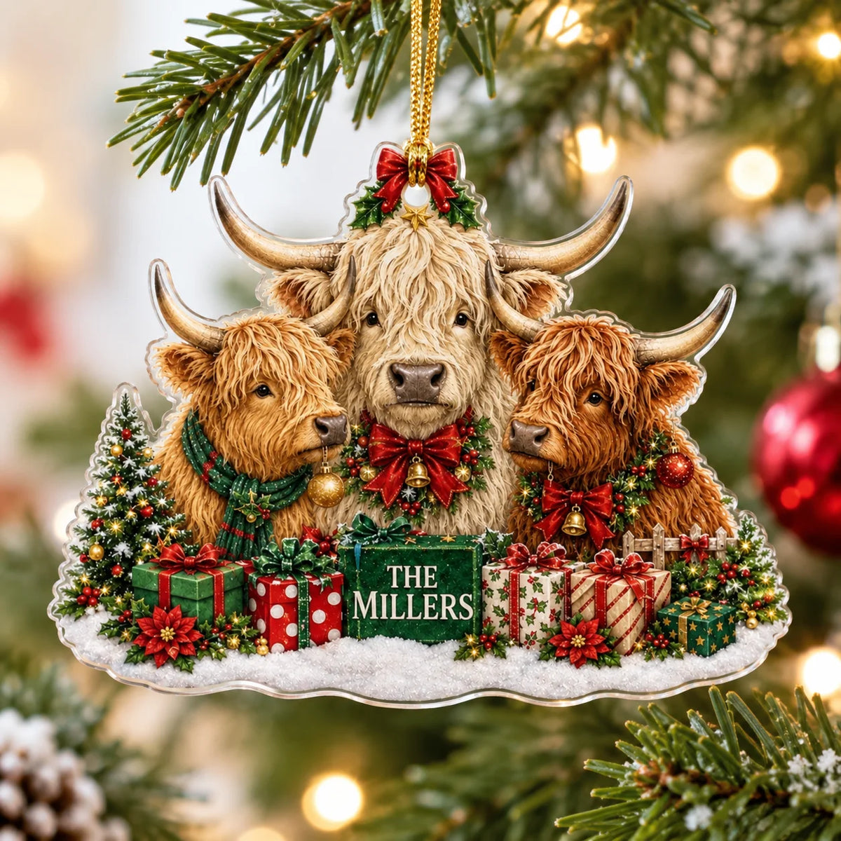 Highland Cow Family Christmas Ornament hanging on a pine tree with lights, featuring three cows, gifts, and 'THE MILLERS'.