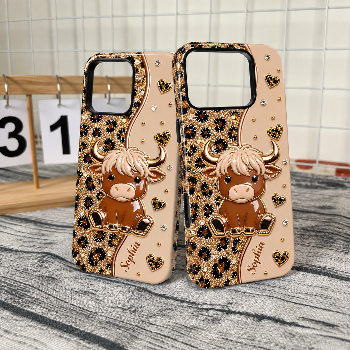 Close-up of Highland Cow Leopard Print Phone Case Cute Scottish Highland Coo Animal Lover Gift for streetwear fans in Austin, Texas
