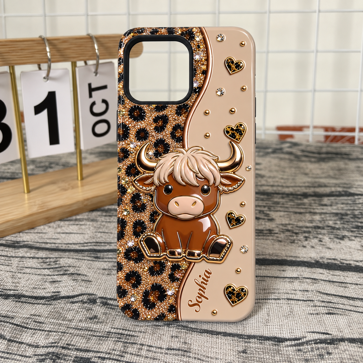 Customer in Austin, Texas wearing Highland Cow Leopard Print Phone Case Cute Scottish Highland Coo Animal Lover Gift
