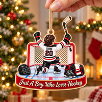 Personalized Hockey Boy Wood Ornament Custom Name Number Sports Gift - product view 2