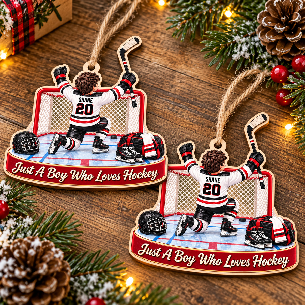 Personalized Hockey Boy Wood Ornament Custom Name Number Sports Gift - product view 3