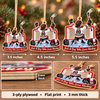 Personalized Hockey Boy Wood Ornament Custom Name Number Sports Gift - size and material details