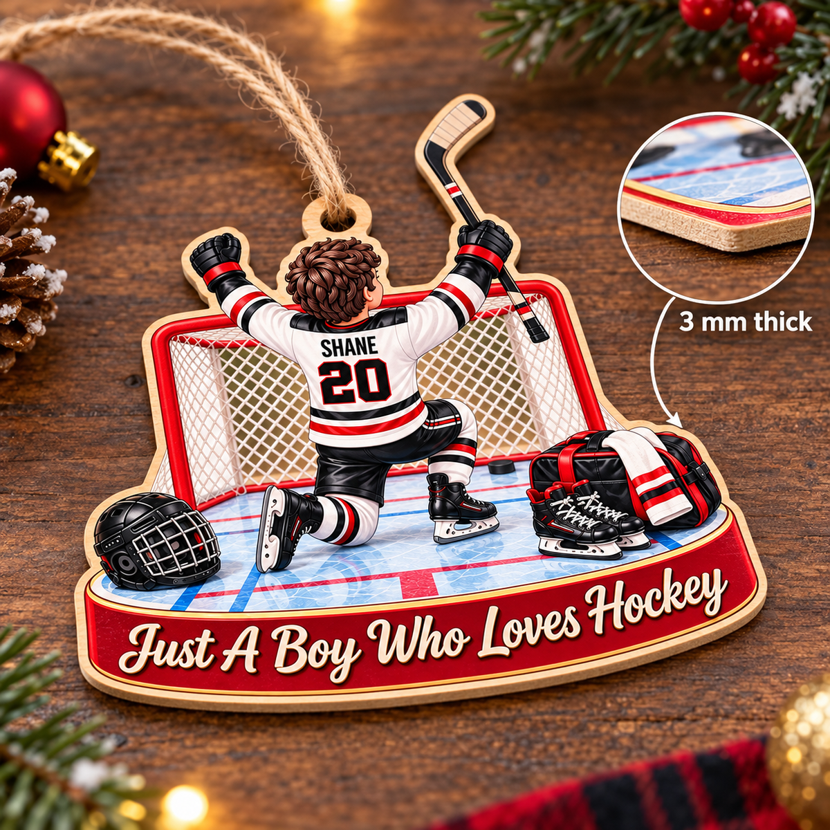 Personalized Hockey Boy Wood Ornament Custom Name Number Sports Gift - size and material details