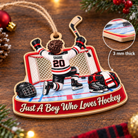 Personalized Hockey Boy Wood Ornament Custom Name Number Sports Gift - size and material details