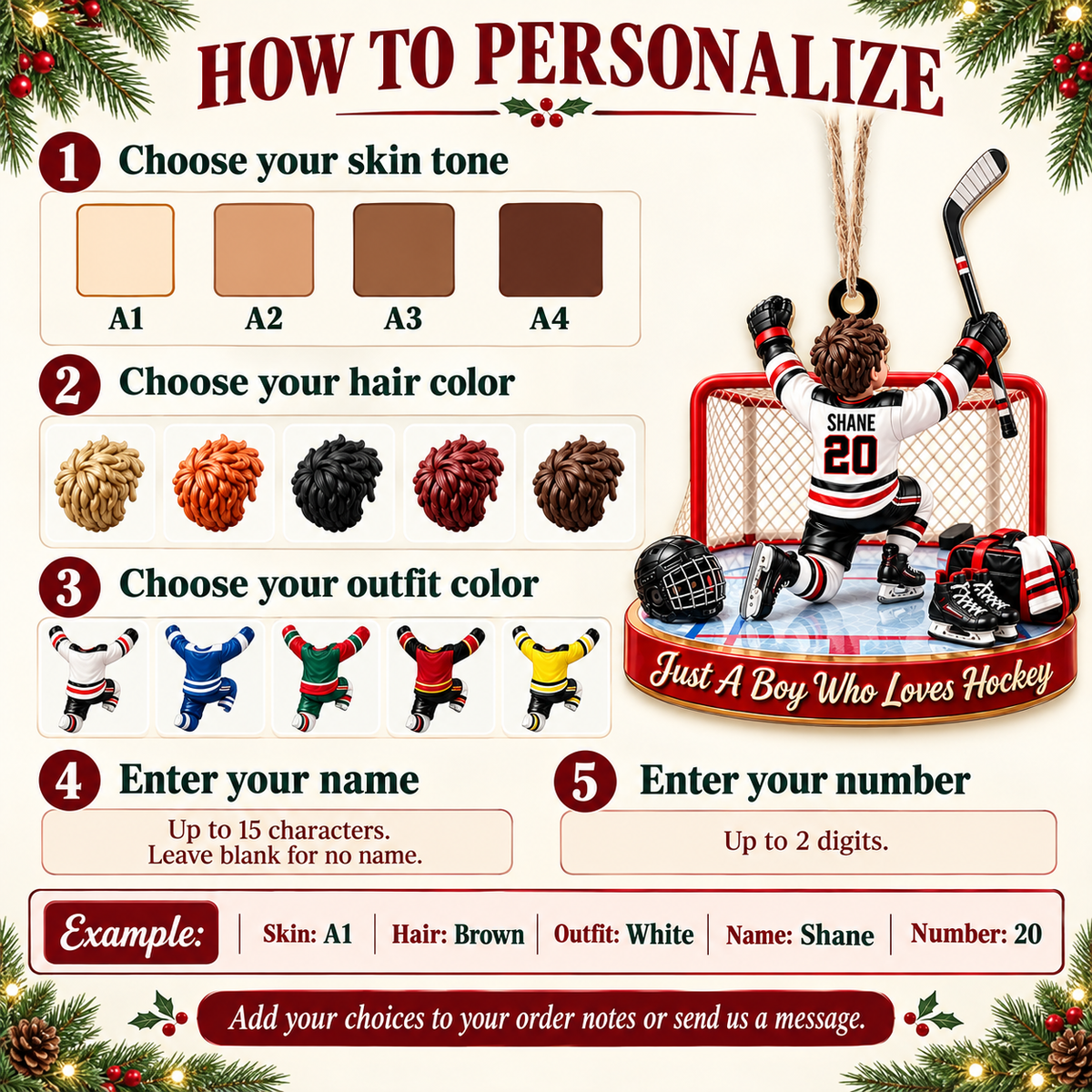 Personalized Hockey Boy Wood Ornament Custom Name Number Sports Gift - personalization guide