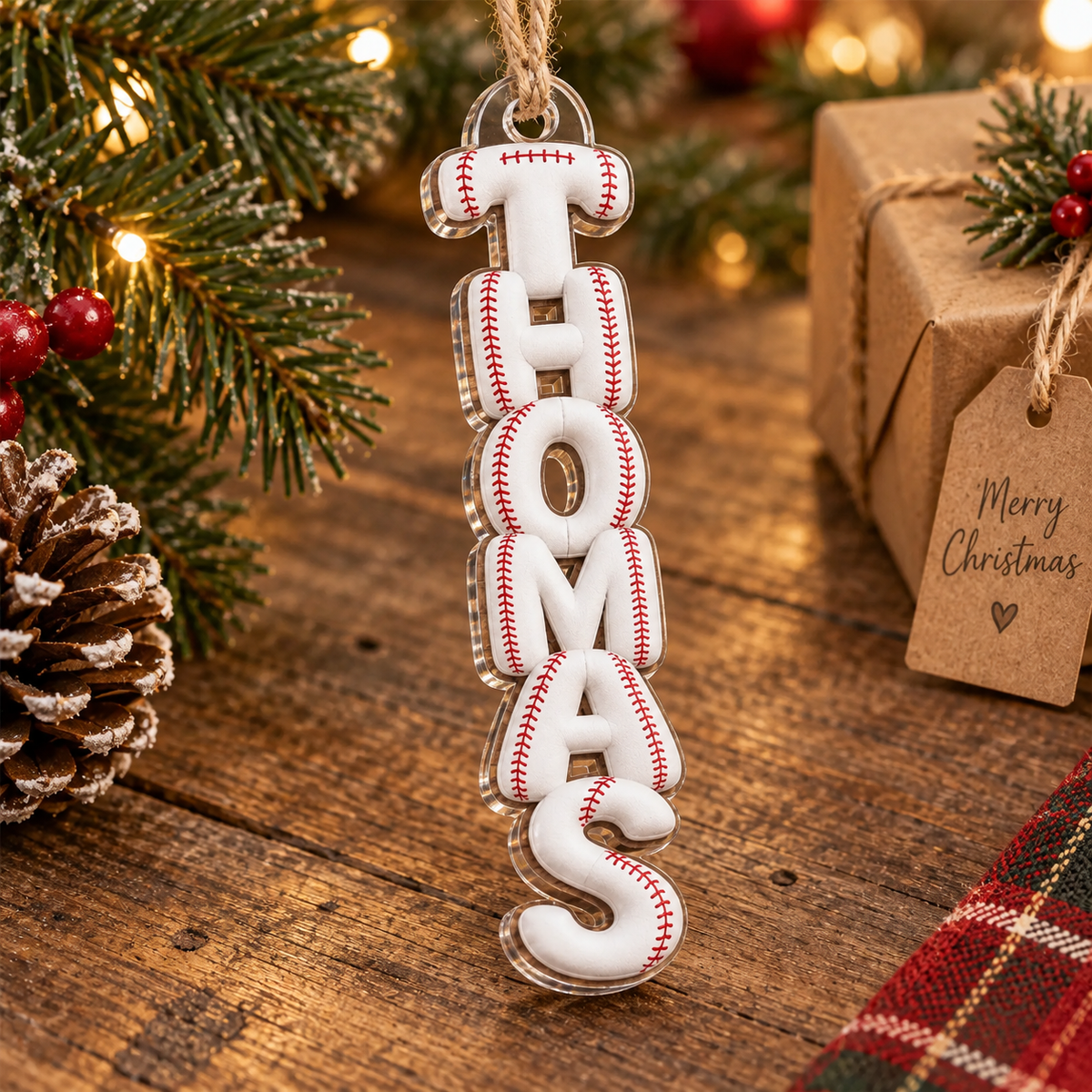 Personalized baseball stitch name ornament standing upright on a wooden table with gift.