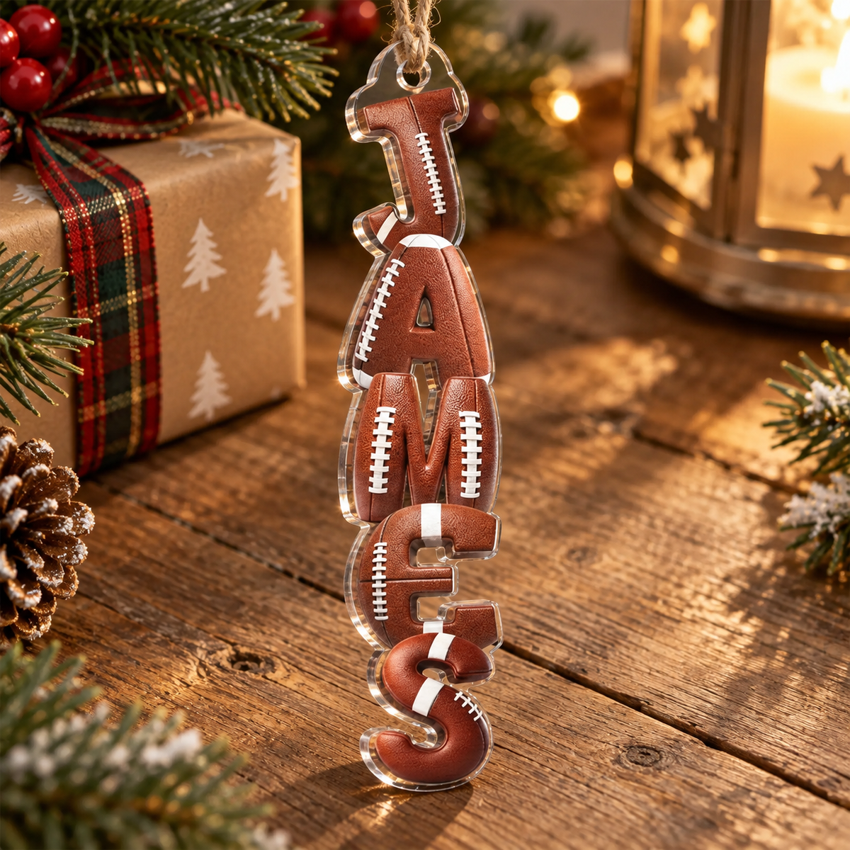 Vertical acrylic name ornament featuring brown football leather style on a wooden table.