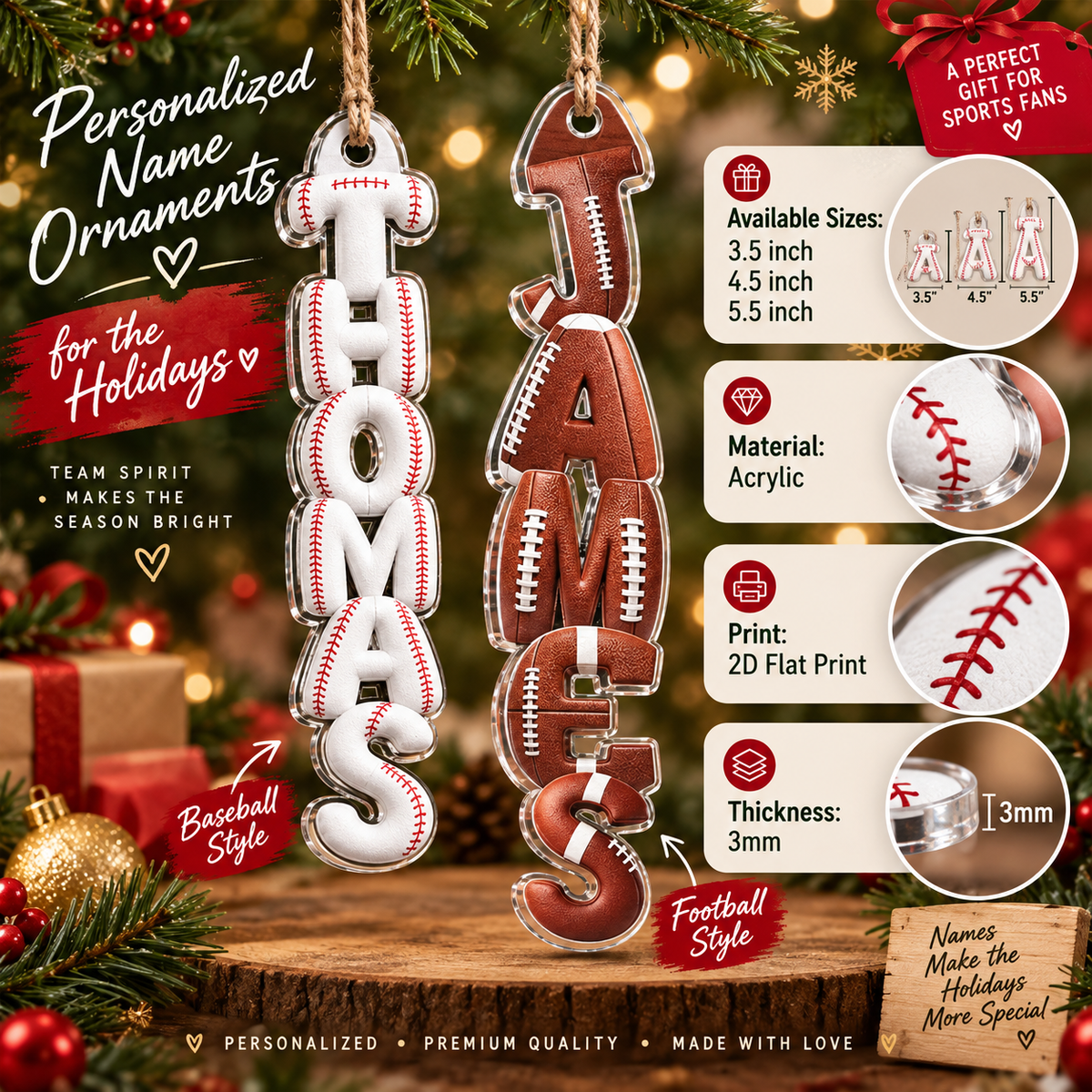 Infographic showing personalized name ornaments in baseball and football styles with details.