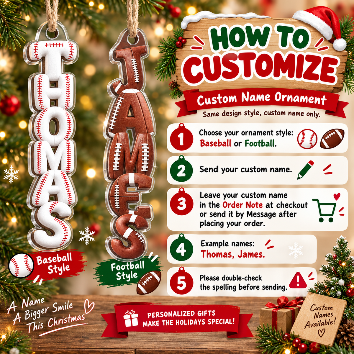 Infographic instructions for customizing the hanging name ornament with baseball and football.