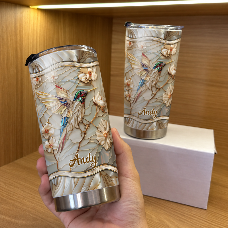 Hummingbird Magnolia Tumbler Personalized Stainless Steel Insulated Cup for Nature Lovers on a hanger, ready to ship from Austin, Texas