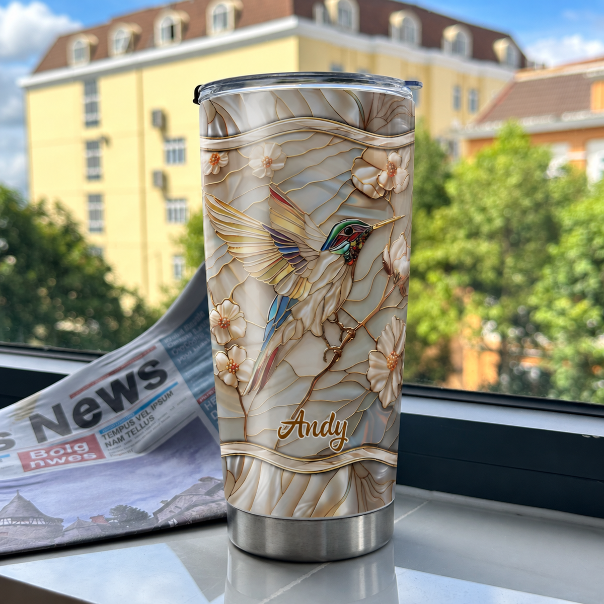 Customer in Austin, Texas wearing Hummingbird Magnolia Tumbler Personalized Stainless Steel Insulated Cup for Nature Lovers