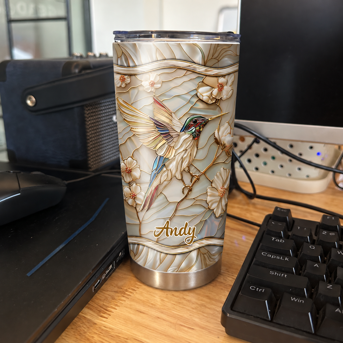 Close-up of Hummingbird Magnolia Tumbler Personalized Stainless Steel Insulated Cup for Nature Lovers for streetwear fans in Austin, Texas