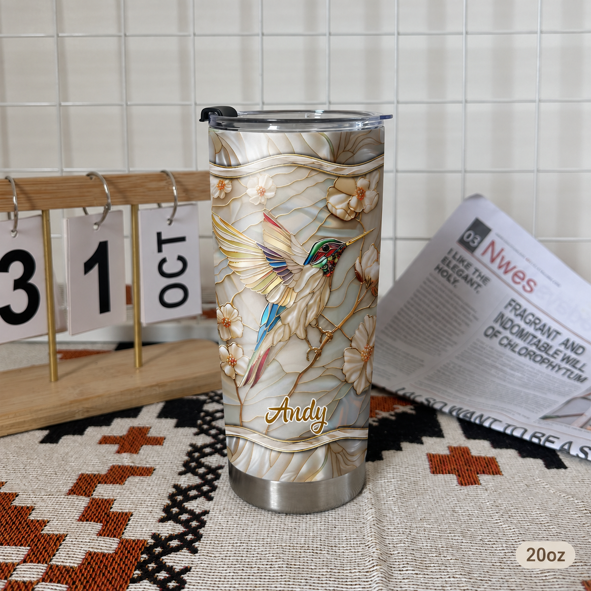 Customer in Austin, Texas wearing Hummingbird Magnolia Tumbler Personalized Stainless Steel Insulated Cup for Nature Lovers