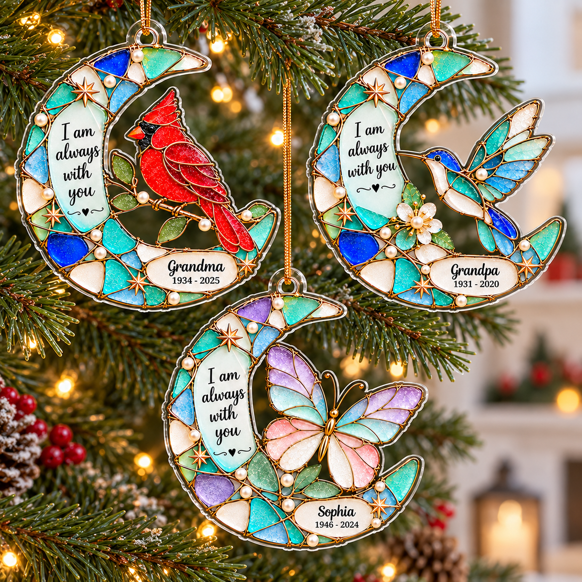 Three custom memorial ornaments hanging on a pine tree branch with fairy lights, showing cardinal, hummingbird, and butterfly
