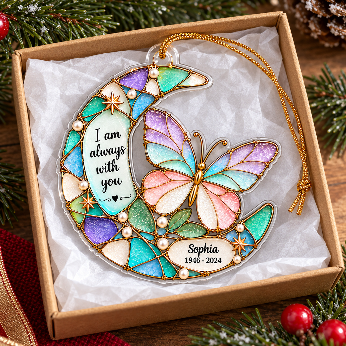 A pastel butterfly memorial ornament with custom name and dates resting inside an open gift box with tissue paper.