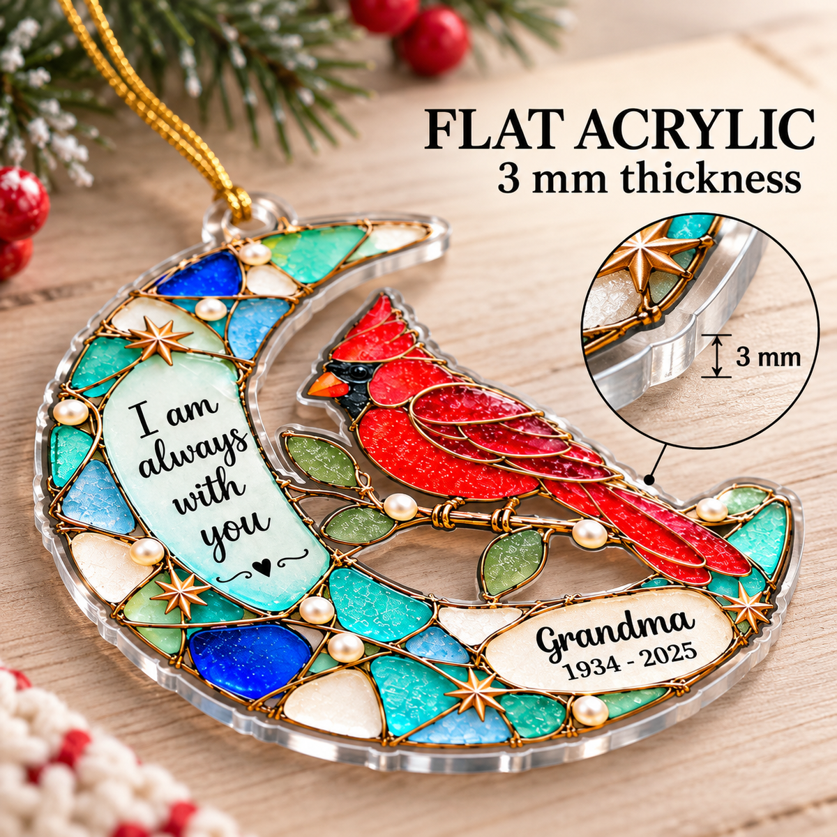 Flat acrylic memorial ornament featuring a red cardinal on a crescent moon, resting on a wooden surface with a 3mm thickness