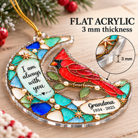 Flat acrylic memorial ornament featuring a red cardinal on a crescent moon, resting on a wooden surface with a 3mm thickness