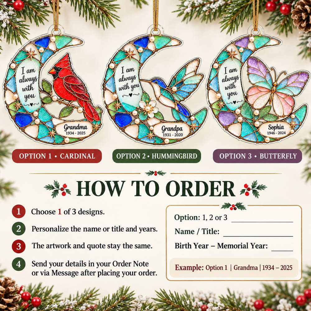 How to order guide displaying cardinal, hummingbird, and butterfly ornament choices with step-by-step instructions.
