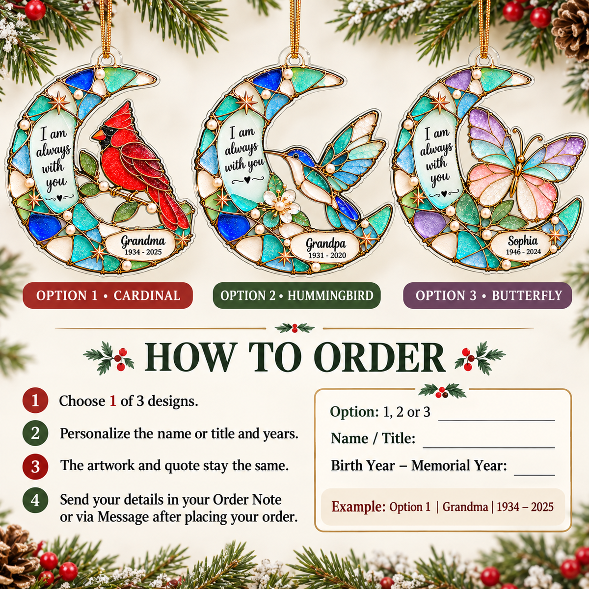 How to order guide displaying cardinal, hummingbird, and butterfly ornament choices with step-by-step instructions.