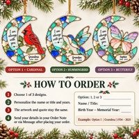 How to order guide displaying cardinal, hummingbird, and butterfly ornament choices with step-by-step instructions.