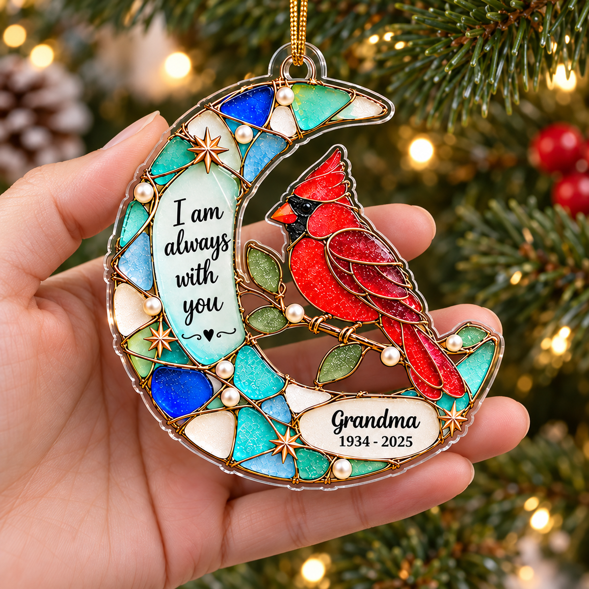 Hand holding the flat acrylic cardinal bird ornament against a blurred background with Christmas tree lights.
