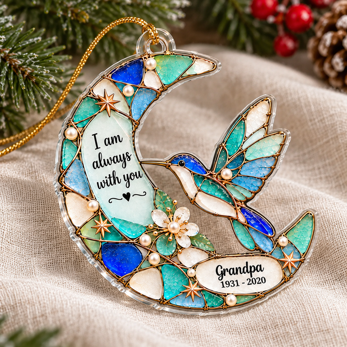 Blue hummingbird memorial ornament with custom text resting on a light neutral cloth surrounded by pine needles and berries.