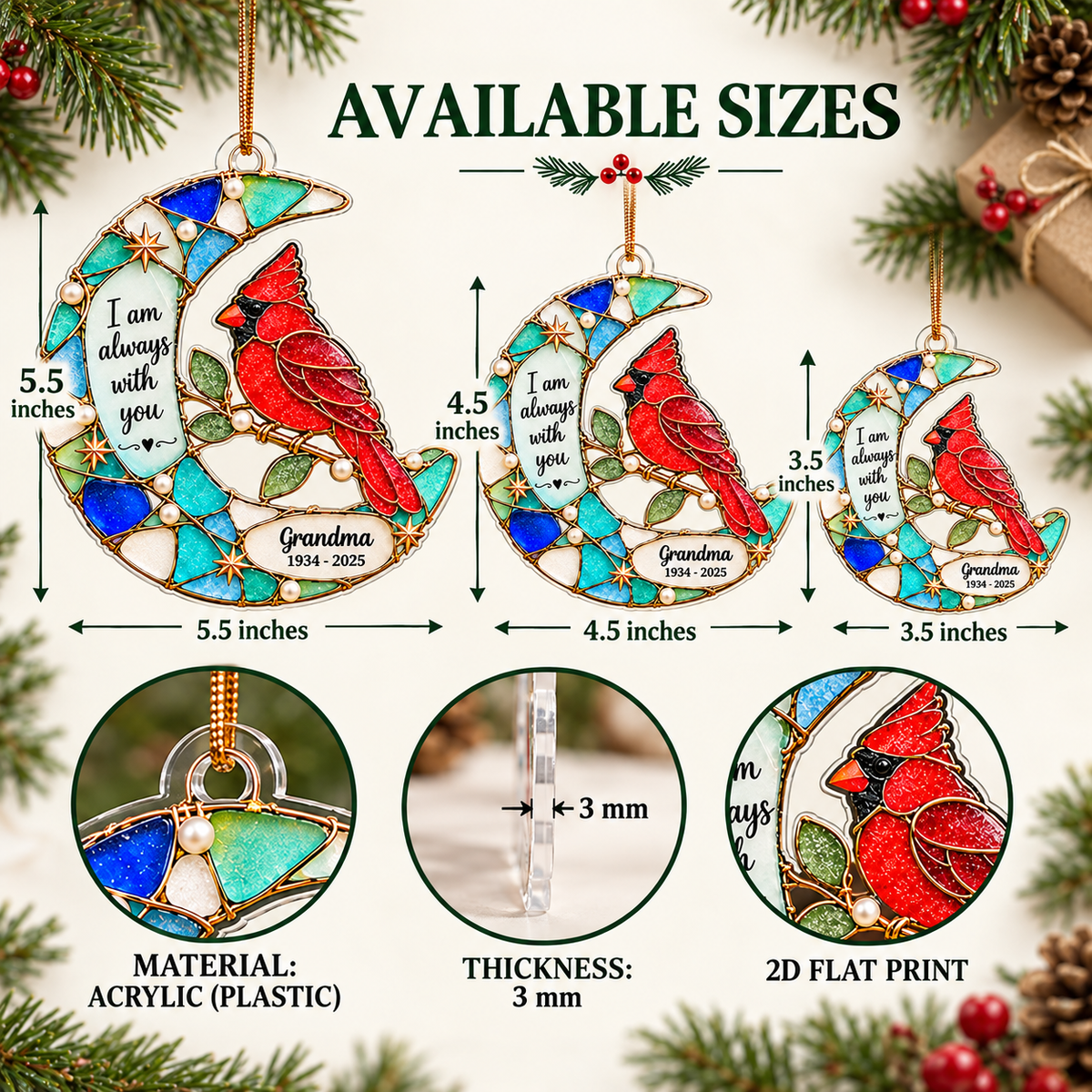 Infographic showing three size options of the 3mm flat acrylic cardinal ornament with detail callouts.