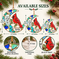 Infographic showing three size options of the 3mm flat acrylic cardinal ornament with detail callouts.