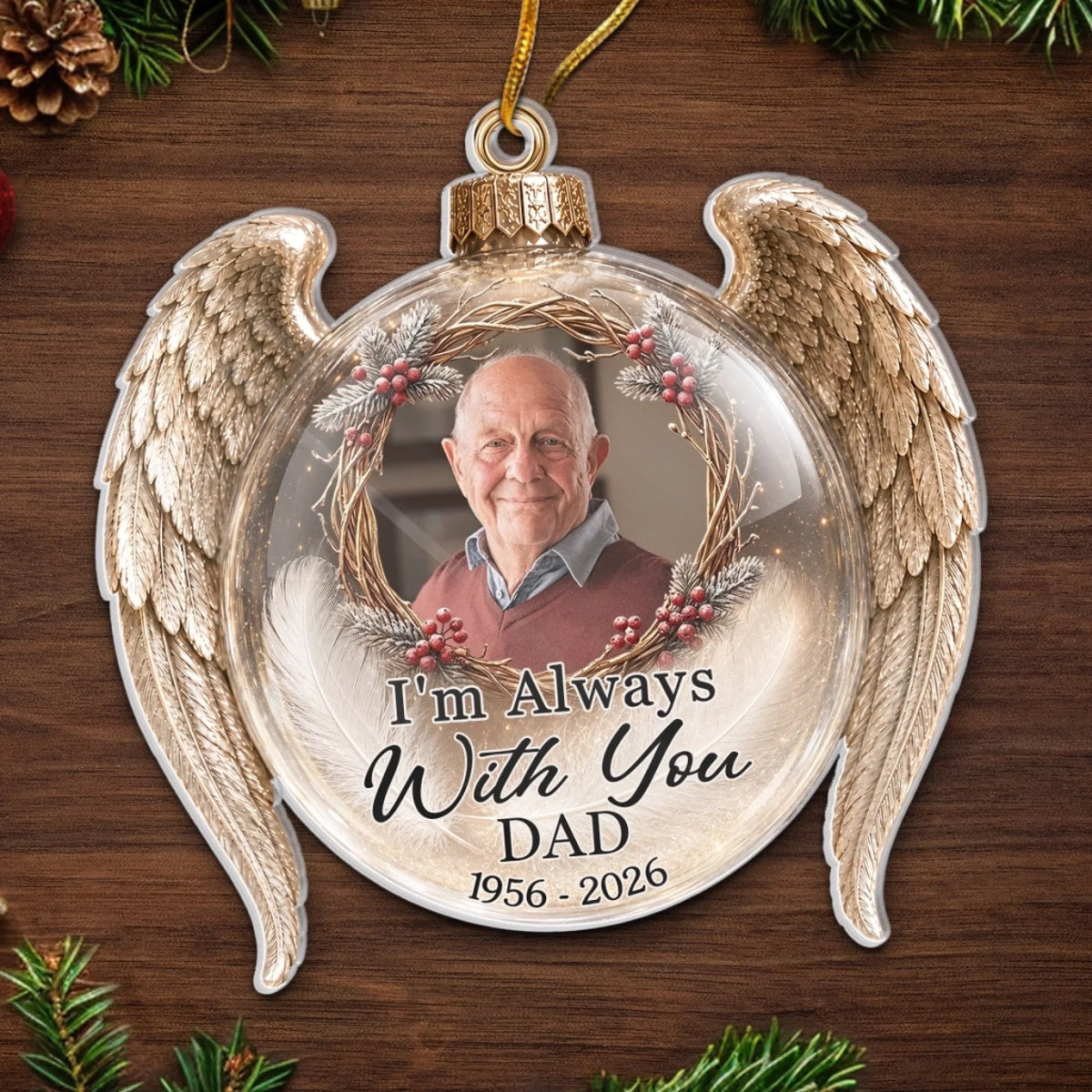 Customer in Austin, Texas wearing I'm Always With You DAD Ornament, Angel Wings Memorial Gift, Loss of Father Sympathy Keepsake, Chris