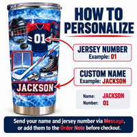 Ice Hockey Equipment Collage Tumbler graphic showing how to customize the jersey number and name on the stainless steel cup.