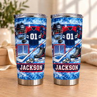 Two personalized ice hockey equipment collage tumblers with blue and red designs, helmet, jersey, stick, and the name JACKSON