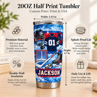 Ice Hockey Equipment Collage Tumbler with blue and red design, showing specs like size and double-wall insulation features.