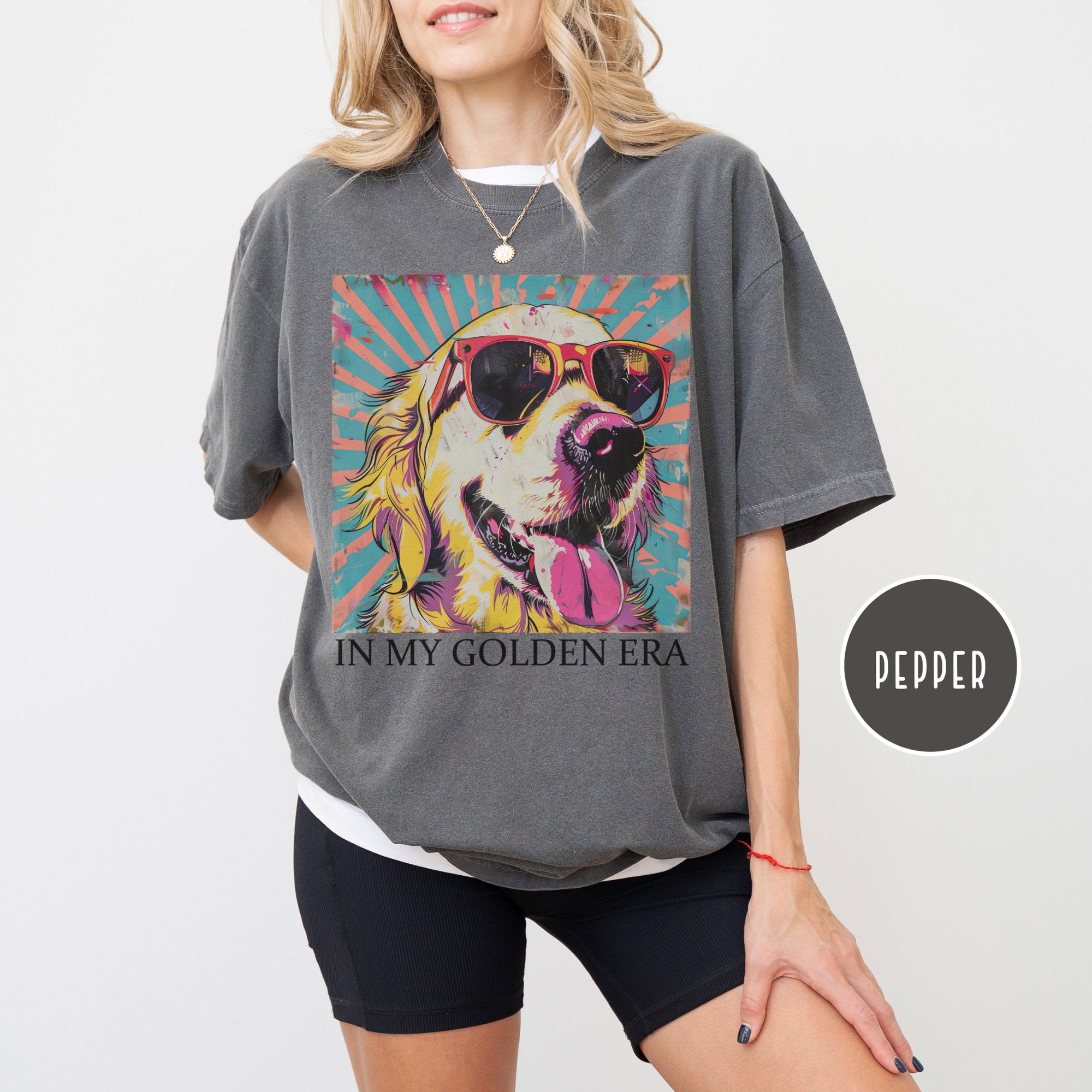 Bojjico In My Golden Era Golden Retriever Graphic T-Shirt Women Dog Mom Retro 70s Vintage Pop Art Aesthetic Moss Green Blue Jean Cotton Loose Oversized Tee Gift For Dog Lover Eras Tour Theme Casual Basic Short Sleeve Summer Vibes Top