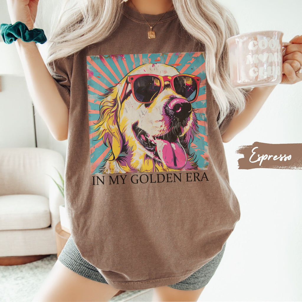 Bojjico In My Golden Era Golden Retriever Graphic T-Shirt Women Dog Mom Retro 70s Vintage Pop Art Aesthetic Moss Green Blue Jean Cotton Loose Oversized Tee Gift For Dog Lover Eras Tour Theme Casual Basic Short Sleeve Summer Vibes Top